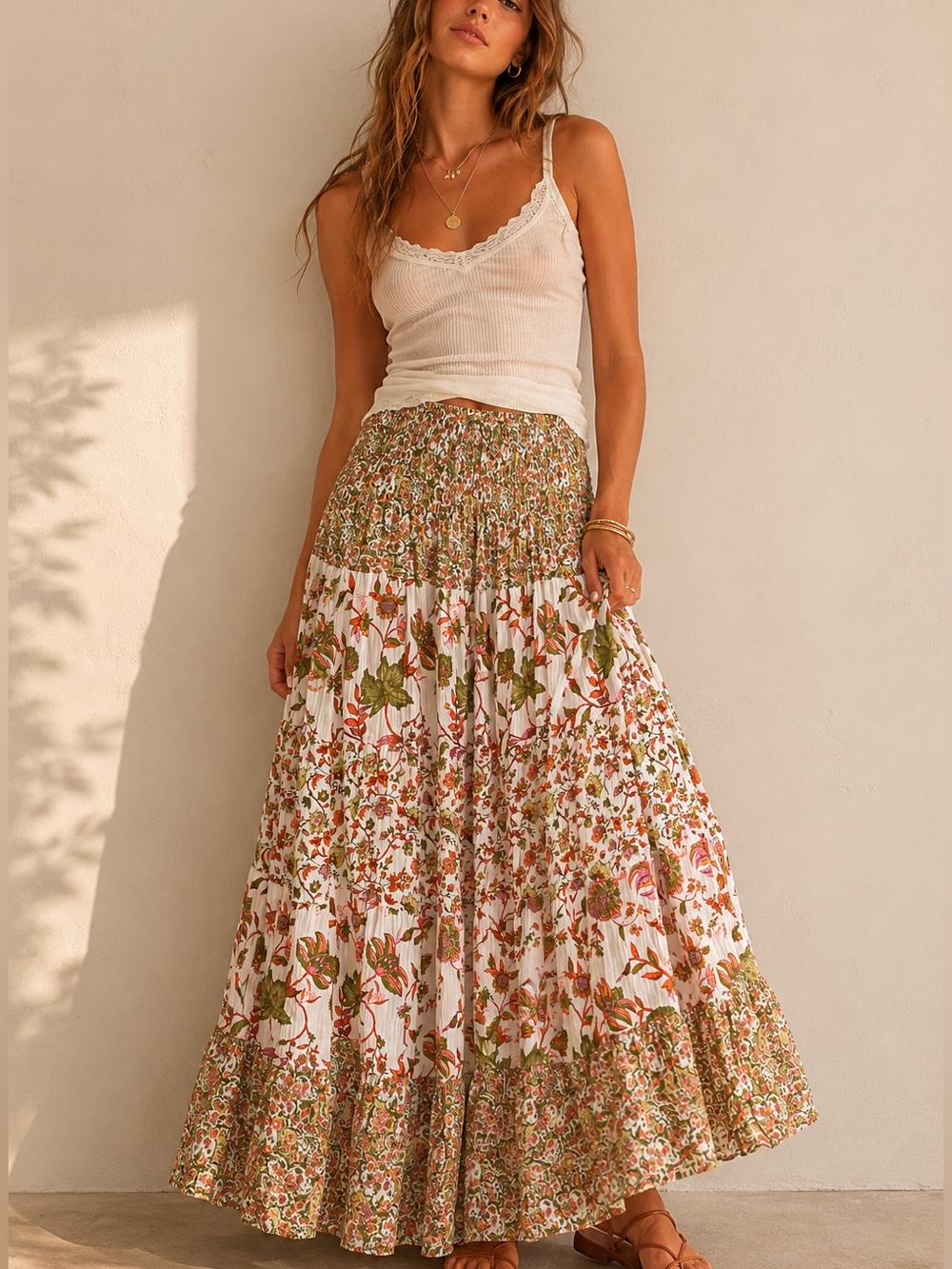 Vintage Henna 100% Cotton Floral Boho Prairie Maxi Skirt Tiered Cottagecore